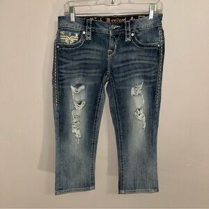 Rock Revival y2k Dark cross pockets Blue Distressed Cropped Jeans